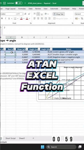 Excel A–Z in 60s: ATAN — Slope to Angle #Excel #ATAN #ExcelShorts #ExcelTips #Trig #Angle #Slope #Pi