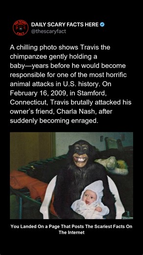 Thescaryfact ™ on Instagram: "This chilling photo shows Travis the chimpanzee calmly holding a baby—years before he became responsible for one of the most horrifying animal attacks in U.S. history. Raised in a human environment, Travis was treated like a child, dressed in clothes, and exposed to medications never meant for animals. On February 16, 2009, in Stamford, Connecticut, Travis suddenly became enraged and brutally attacked his owner’s friend, Charla Nash. The incident shocked the nation