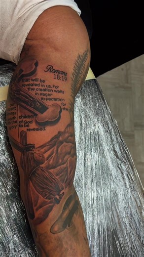 Inner Bicep Tattoos are NOT for the weak !!! But he thugged it out and we got it done . LET’S GET INKY #religioustattoo #crosstattoo #fullsleevetattoo #fyp #boston