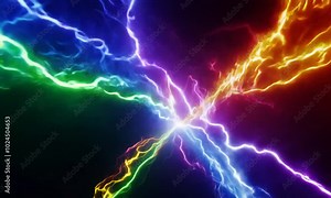 An abstract background featuring vibrant rainbow colored lightning bolts on a dark backdrop. The energetic video captures a sense of dynamic movement and electric power, perfect for creative visuals