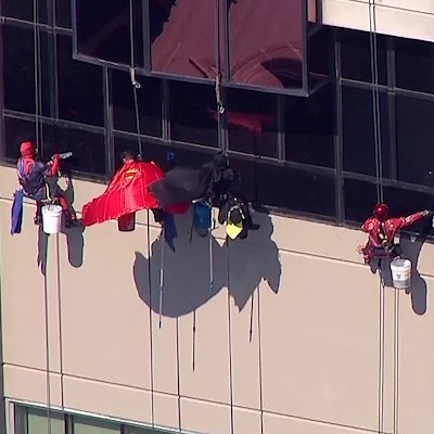 It's a bird! It's a plane! Actually, it's window washers dressed like superheroes at Norton Children's Hospital. 🦸They do this every year as a surprise for the kids: https://bit.ly/3c5onLB | WLKY News