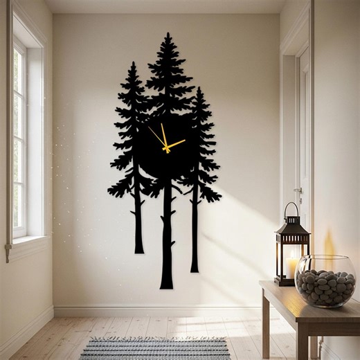 Large Pine Tree Metal Clock, Vertical Long Tree Wall Clock, Nature Woodland Wall Clock, Rustic Cabin Metal Clock, Gift for Nature Lover - Etsy