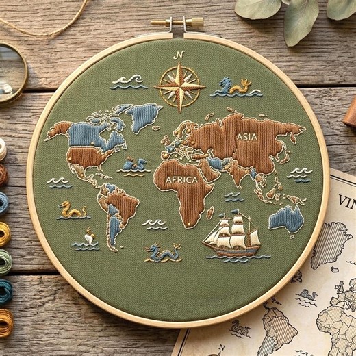 World Map Embroidery Hoop Art, Vintage Travel Design, Beginner Needlework (PDF Download) - Etsy Canada