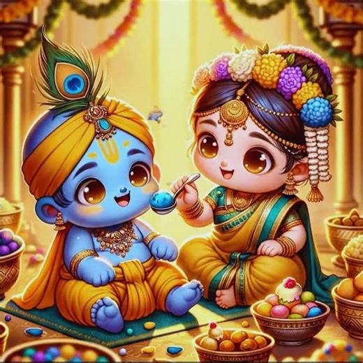 Little Gopal and Radha are finishing their meal and leaving.