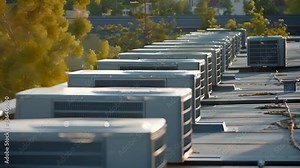 A sunny rooftop with a line of solarpowered air conditioning units harnessing the abundant energy of the sun.