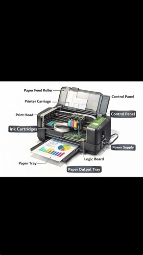 Printer Parts Explained PaperTray, Ink Cartridge, Print Head, Rollers,LogicBoard&Control Diagram