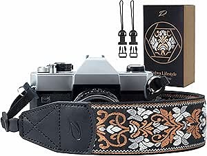 Padwa Lifestyle Camera Strap - 2" Wide Vintage Jacquard Embroidery Brown Flower Camera Straps with Genuine Leather Head,Adjustable Neck Shoulder Strap for All Cameras and Men & Women Photographers