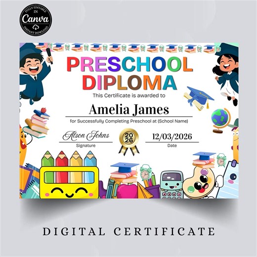 Preschool Graduation Certificate Template, Printable Kids Diploma Award, Editable Canva School Certificate, Digital Download - Etsy
