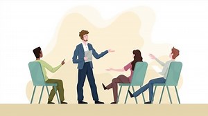 Coach conduct business skills training course. Mixed racial group of student communicate with mentor. Professional development concept. Improving personal knowledge. Animated cartoon