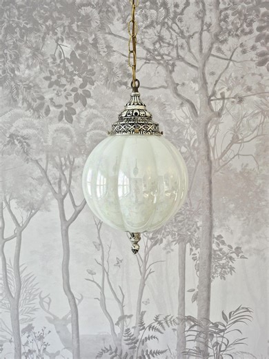 Vintage Plug-in Swag Lamp, Hollywood Regency, Fluted White Opalescent Pearl Glass Lantern, Ornate Silver Metal & Glass Globe Pendant Light - Etsy