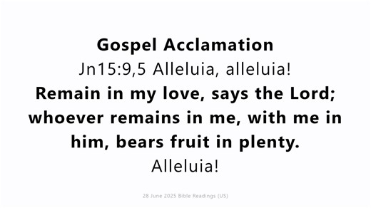 28 June 2025 Catholic Mass Bible Reading (UK) For US Readings https://youtu.be/SgN8r8-tdy8 For UK Readings https://youtu.be/9o442QAi5oI Saturday 28 June 2025 Saint Irenaeus, Bishop, Doctor, Martyr or The Immaculate Heart of Mary First reading 2 Timothy 2:22b-26 Beloved: Pursue righteousness, faith, love, and peace, along with those who call on the Lord from a pure heart. Have nothing to do with foolish, ignorant controversies; you know that they breed quarrels. And the Lord’s servant must not be