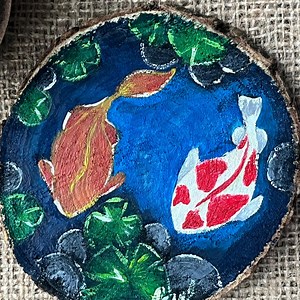 Koi Fish Pond Acrylic Painting on Wood Slice, Rustic Nature Decor - Etsy Canada