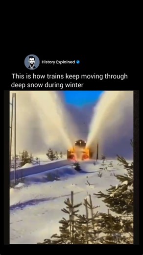 History Explained on Instagram: "Follow @HISTORY__EXPLAINED for more interesting content! ✅ This is how trains fight their way through the heart of winter. What stops most vehicles cold is just routine work for these mechanical giants. Armed with colossal snowplows, reinforced noses, and engines built for brute force, they carve through towering drifts—sometimes several feet deep—keeping vital routes alive during the fiercest storms. Each surge hurls tons of snow aside, showcasing power strong e