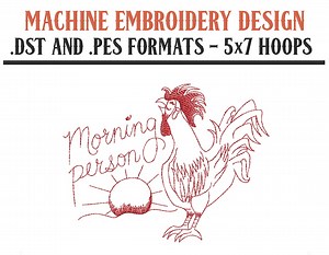 Redwork Morning Person Hahn - Maschine Embroidery Design - digitaler Download - 5x7 Reifen - DST und PES Formate - Etsy.de