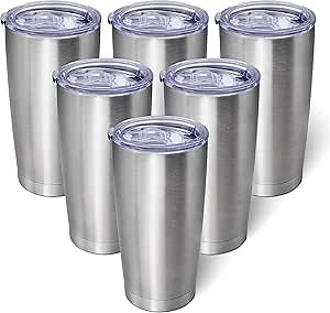 AIANJI 20oz Tumbler Bulk Stainless Steel Tumblers with Lid Vacuum Insulated Double Wall Travel Coffee Mug Powder Coated Tumbler Cup for Hot and Cold Drinks(Stainless Steel, 6 pack)
