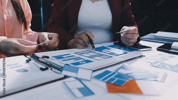 Close up ux developer and ui designer brainstorming about mobile app interface wireframe design on table with customer breif and color code at modern office.Creative digital development agency