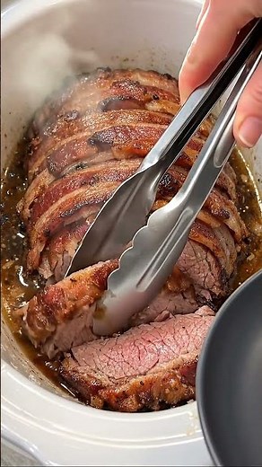 Slow Cooker Bacon-Wrapped Eye of Round Roast. #easydinner #familydinner #cozymeals #braisedbeef