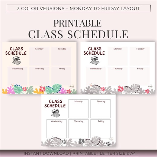 Printable Class Schedule – Weekly Planner, 3 Color Versions (digital Download) - Etsy