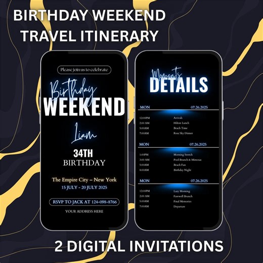 Men's Birthday Weekend Invitation Itenary, Digital Animated Party Getaway for Him, Black and Blue Theme Evite, Canva Editable - Etsy
