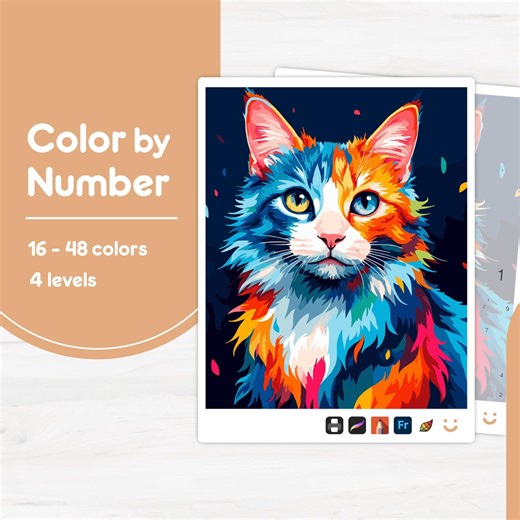 Colorful Cat Portrait - Color by Number - Digital & Printable - 4 Levels - Etsy
