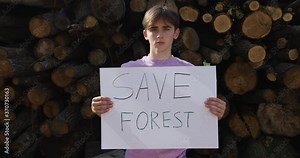 Ecology concept - save forest poster. Activist holding poster on the background of felled trees. deforestation concept, logging, felled timber in the forest. earth. nature, forest, environment