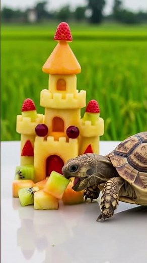 ASMR Mukbang Baby Tortoise Tries an Edible Fruit Kingdom! 🐢🍓🏰