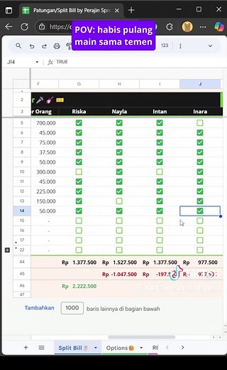 🎉 Bingung hitung patungan bareng teman? Coba template Split Bill Google Sheets ini! Praktis, otomatis, dan transparan — cocok untuk trip, makan bareng, atau acara apa pun. ✅ Masukkan nama & total pengeluaran ✅ Template hitung otomatis siapa bayar berapa ✅ Langsung tahu siapa yang harus ganti ke siapa 💡 Cocok untuk: Nongkrong bareng Traveling ramean Acara komunitas / keluarga 📎 Download templatenya di link di bio 📌 Jangan lupa like, komen, dan subscribe untuk template lainnya! #fyp #googleshe