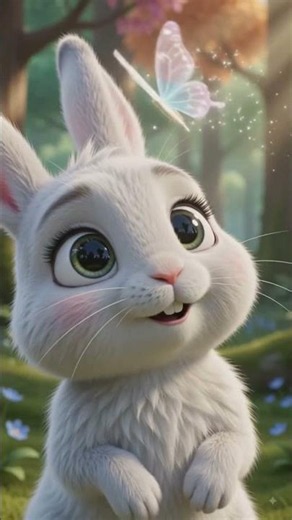Cute white rabbit standing in a beautiful green forest, cartoon style, colorful trees, b sunlight,