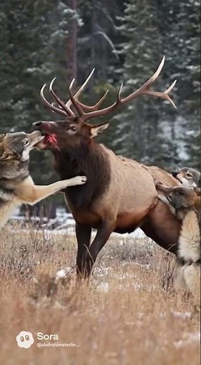 Yellowstone Hunt: Gray Wolves Takedown a Majestic Elk Bull! 🐺🦌 #ai #wildlife #animals #shortvideo