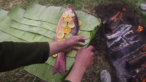 Fire Kitchen ASMR: Cooking a Massive Jewel Bass in the Earth Oven!