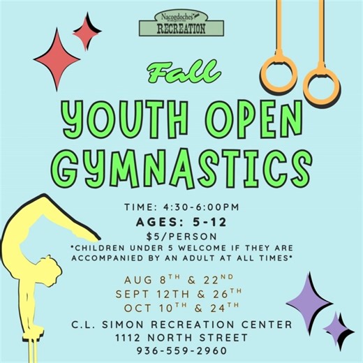 Join us TONIGHT for open gymnastics! Open to ages 5-12 for only $5 per child. | Nacogdoches Parks and Recreation