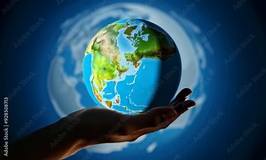 Hand Holding Earth: A hand delicately cradles a detailed globe, symbolizing the interconnectedness of our world and the power we hold to shape its future. The image evokes a sense of responsibility, c