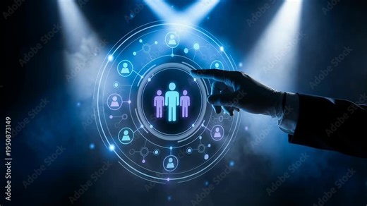 Digital AI career transition automation technology network workforce employees virtual interface showing human icons spotlight career selection process under automation and workforce transition