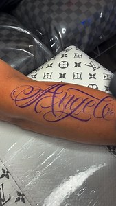 Angel lettering I did the other day. Using @wormholetattoosupply #tattoovideo #tattooing #letteringtattoo #tipsandtricks #scripttattoo #finelinetattoo #closeup #pov #tattooreel #lining #lineworktattoo | chucky_tattoos