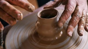 The potter's male hands, soiled in clay, make a jug or a vase on a rotating potter's wheel, touching the guinea vessel with their fingers and making a shape. Mastery of the Ancient Craft