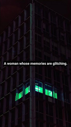 A single lit window in a neon city.A woman whose memories are glitching.
