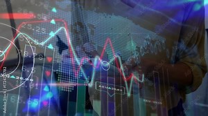 Businesswoman tapping tablet, selecting data points on shifting charts over world map for analysis