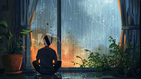 Sad Lofi Boy - Raining outside music background and Wallpaper cover - Lo-fi loop
