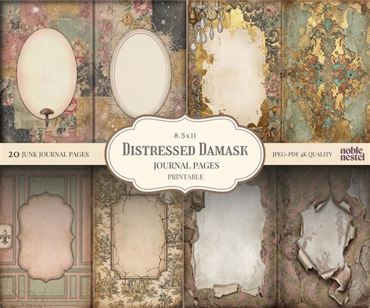 Distressed Damask Junk Journal Pages | Faded Wallpaper Digital Paper Pack | 4K Backgrounds & Scrapbook Sheets - Etsy