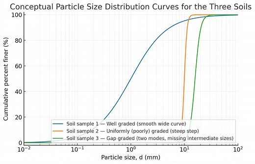 Conceptual Particle Size Distribution Curves for the Three Soil... | Filo