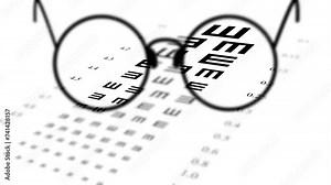 Checking vision, Eye test chart animation, glasses and lenses on a white background. Position sharp unfocused, sea test, goggles correction, Cartoon, ophthalmology clinic or the sale of optics