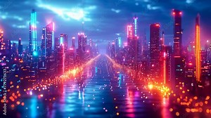 Abstract futiristic city on a microcircuit background. Electronic circuit board and a big data digital city