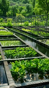 Aquaponics system combining fish farming with vegetable production in a self-sustaining ecosystem that conserves resources. Vertical video