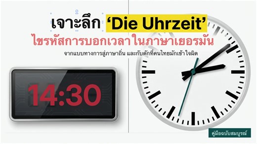 การบอกเวลาและคำศัพท์ในชีวิตประจำวัน วิธีระบุเวลาทั้งแบบ ทางการและภาษาพูด นอกจากนี้การนับตัวเลข ช่วงเวลาของวัน และการผันคำกริยา ซึ่งเป็นรากฐานจำเป็นสำหรับการสื่อสาร ออกแบบมาให้ เข้าใจง่ายและนำไปใช้ได้จริง #คู่มือเรียนภาษาเยอรมันพื้นฐาน #การบอกเวลาภาษาเยอรมัน #เข้าใจง่ายนำไปใช้ได้จริง #deutschdiaryบอกเล่าเก้าสิบ #พัฒนาตนเอง