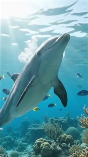Dolphin swims withe tropical fish. #dolphin #oceanlife #fishlovers #underwater #marinelife