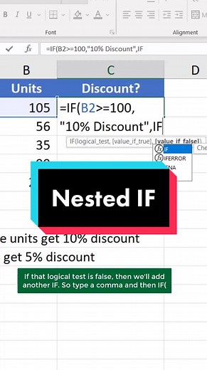 Simplified example of a nested IF. There’s also the IFS function that can help out too. #excel #spreadsheet #corporateamerica #learnontiktok