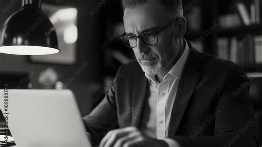 Man in professional attire using a laptop, sitting at a desk, focused on work in an office environment.