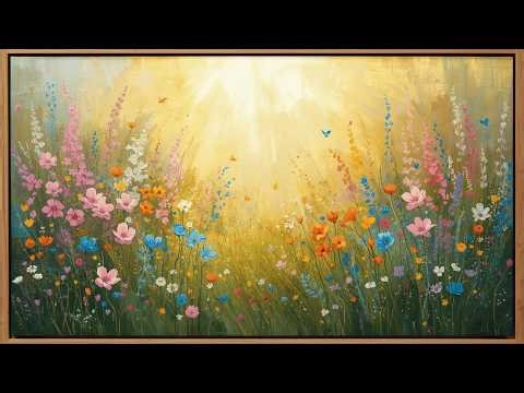 4K Spring Meadow Background | Golden Sunlight Flower Field | Relaxing Nature TV Screensaver