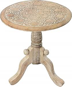 The Urban Port Intricately Carved Round Top Mango Wood Side End Table with Pedestal Base, Brown and White