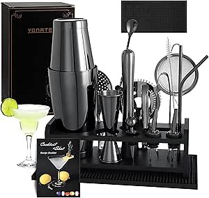 Boston Cocktail Shaker Set, 18PCS Bartender Kit Bar Tools Set with Stand & Recipe, Bar Mats for Bartending, Professional Barware Mixing Tools Cocktail Kit, for Drink Mixing Bar Party, Black